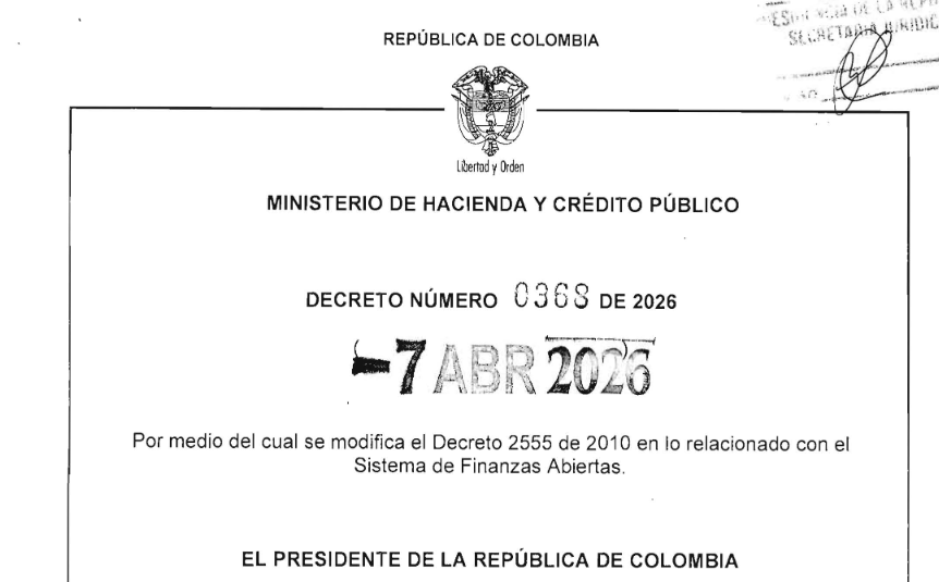 NormatividadCEL's tweet photo. DECRETO 368/2026. Se modifica el Decreto 2555 de 2010 en lo relacionado con el Sistema de Finanzas Abiertas https://t.co/NNZtqvVAXy https://t.co/wxwWW2Vyxq