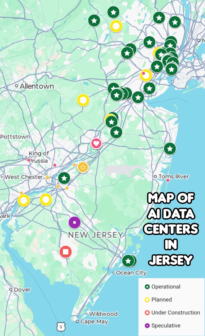 wakeupnj's tweet photo. Here is a Map of more than 80 New Jersey AI Data Centers and others that are planned/under construction starting to look chicken pox up in the North East https://t.co/kiyECWm7I2 https://t.co/GP8BPZZlWn