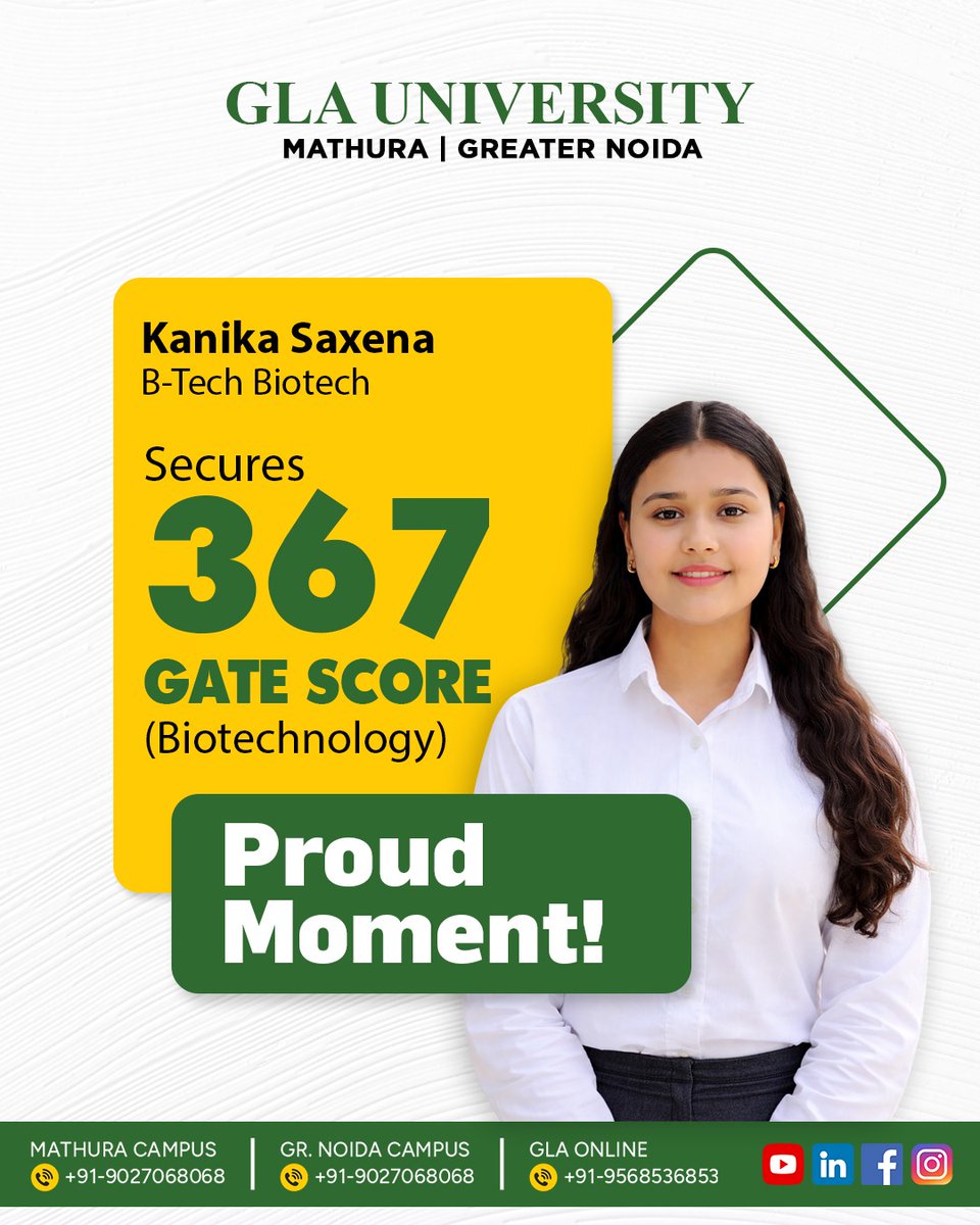 Biotech_GLAU's tweet photo. Department of Biotechnology, GLA University congratulates our students on their excellent GATE scores in Biotechnology &amp; Life Sciences.

Proud of your dedication and success. Wishing you the very best ahead!
#GLAU #DepartmentofBiotech #GATE2026 #Biotech https://t.co/i9laJp5Clw