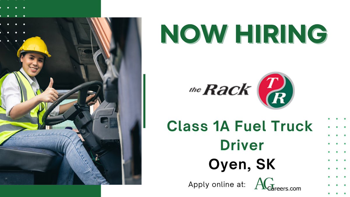 AgCareers's tweet image. The Rack is now #HIRING a Class 1A Fuel Truck Driver in Oyen, SK!

This position is responsible for the delivery of exceptional customer experience through building strong relationships. 

To learn more and to #APPLY go to #AgCareers:
ow.ly/ifnx50YBPik
