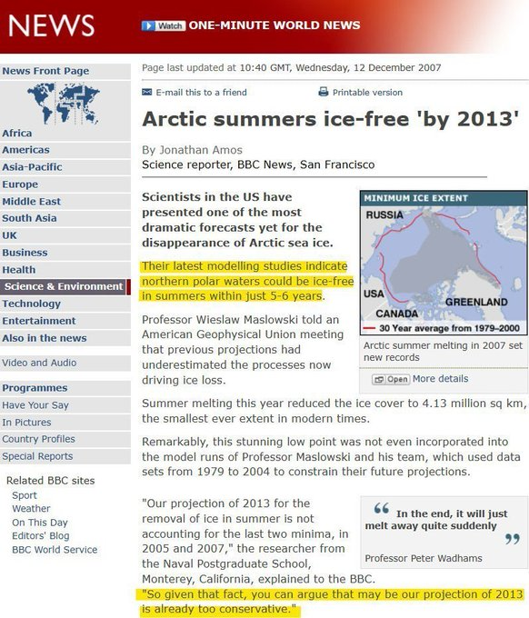 climacritic's tweet photo. Gli esperti scientifici della BBC.
"Artico estivo libero dal ghiaccio entro il 2013. Così dicono gli ultimi studi dei modelli..."

Ora capite quanto ci azzeccano gli 'ultimi' modelli con la realtà? https://t.co/MNAApV5pcq