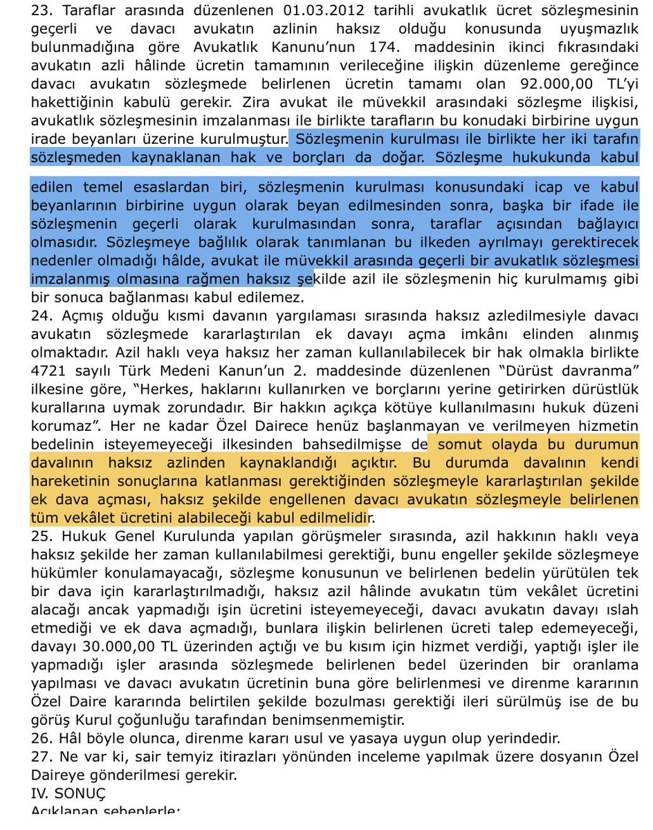 Avakifilhan's tweet photo. Islah öncesi haksız azilde avukat, sözleşmede tam ücret öngörülmüşse davanın tüm değeri üzerinden,
aksi hâlde dava dilekçesindeki değer üzerinden ücrete hak kazanır.

YargHGK
2024/666E2025/224K
▪️Akitte ‘ıslah öncesi haksız azilde tam ücrete hak kazanılacağının’ yazılması önemli