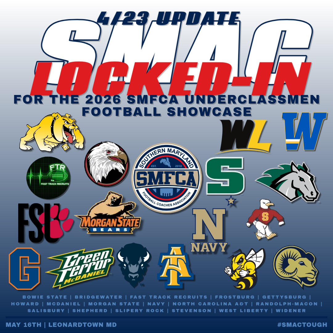 MarylandCoaches's tweet photo. Today we have emailed out our SMAC Database of players currently registered for our May 16th Showcase at Leonardtown High School. This database will grow as registration continues. #WeareSMAC
We are excited for our young men of SMAC to showcase their skills in front of coaches representing the following programs.
@BH2OFootball @bowiestatefb @FTRreport @GburgFB
@HUBISONFOOTBALL @McDaniel_FB @MSUBearsFB
@RMCfootball @SeaGullFootball @SRURockFB
@SURamsFootball @Widener_FB @NavyFB
@westlibfootball @NCATFootball @FrostburgFB @SUMustangFB
Who else will come and see what THE SMAC is all about? #SMACTough