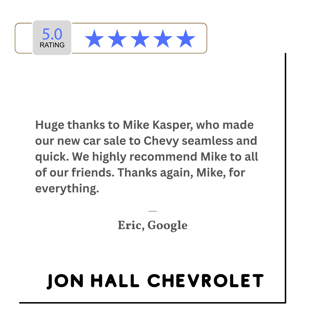 JonHallChevrole's tweet photo. Thank you so much, Eric, for your kind words! We’re thrilled to hear that Mike made your car-buying experience seamless. We appreciate your recommendation and are glad we could help. Enjoy your new Chevrolet! https://t.co/rH2hRlGVEy