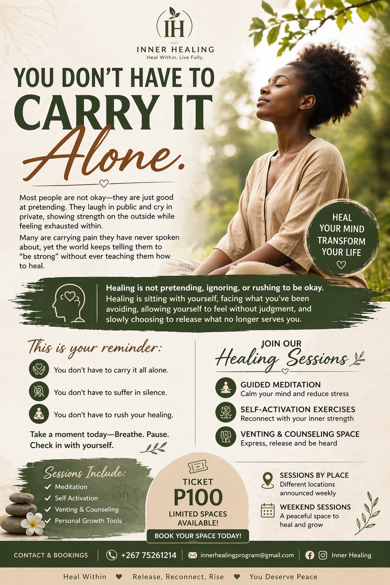 InnerhealingBw's tweet image. Most people are not okay, they are just silent about it.

They are carrying pain, pressure, and emotions they have never spoken about.

Healing begins the moment you stop pretending and start facing yourself honestly.

You don’t have to carry it all alone.
#innerhealing