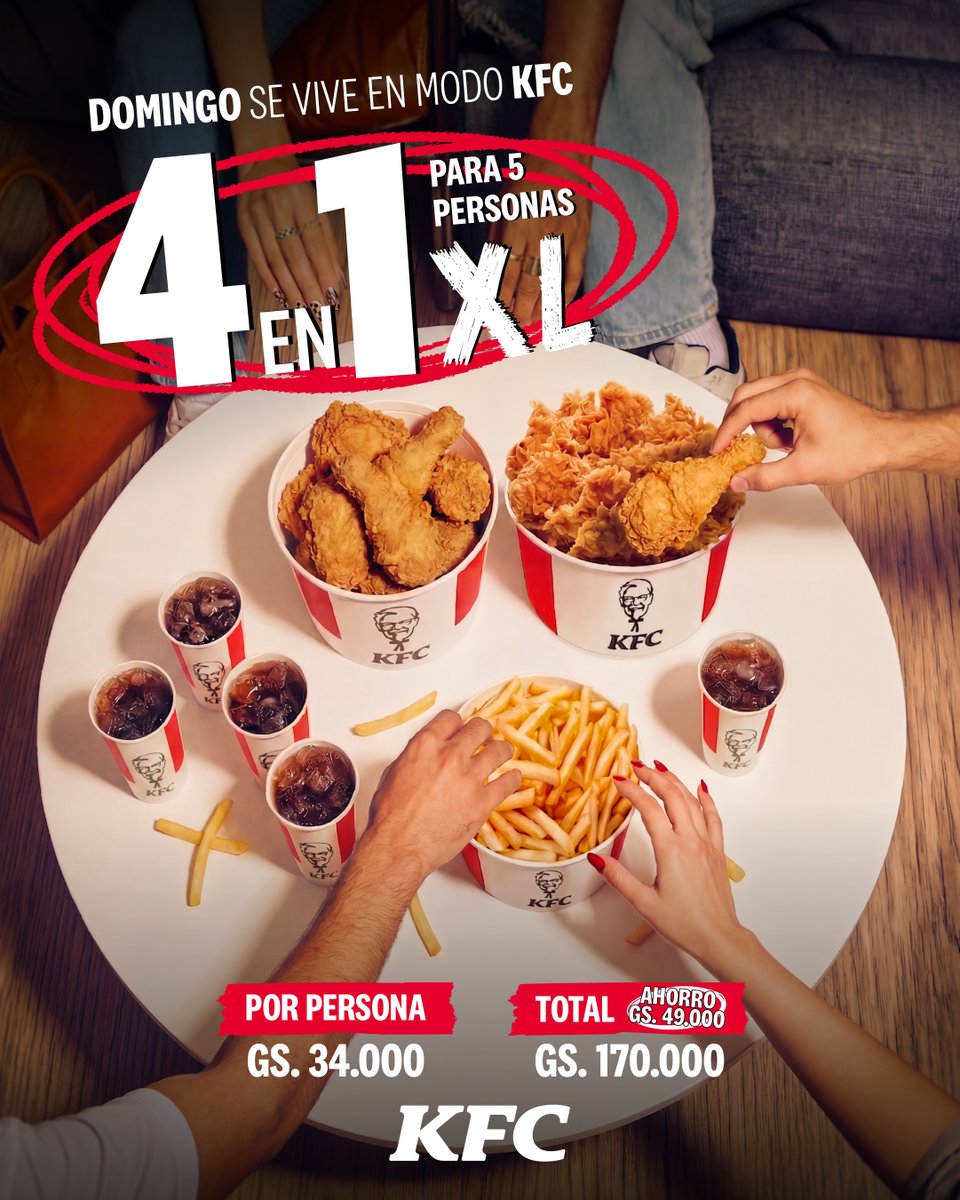 Domingo es de sillón, serie… y compartir en grande. 😏​
El 4 en 1 XL de KFC tiene todo lo que los de siempre necesitan para ese plan sin moverse de casa.​

Porque si hay maratón, que sea de capítulos… y de pollo también. 🍗💥​
¿Quién se apunta hoy?