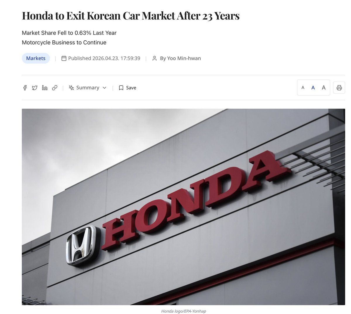 SawyerMerritt's tweet image. Honda can't figure out EVs, can't figure out how to compete in China, and is now exiting the South Korean car business after 23 years because it can't figure out how to compete there either.

Dying a slow death.