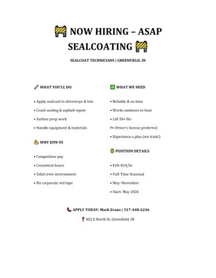 KriHeff's tweet image. ASAP Sealcoating is looking for hardworking, reliable team members to join their crew this season. Competitive pay, steady hours, and a great team environment. Call today to get started!

#hiring #employment #GreenfieldIN #jobs #benefits