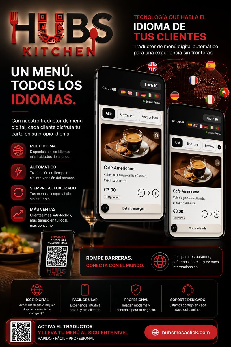 WebDialogIA2511's tweet photo. ¿Tus clientes no entienden tu menú?" Un menú que todos entienden… vende más.”
“Tu restaurante hablando todos los idiomas.”
“Convierte turistas en clientes… sin esfuerzo.”
“El idioma ya no es una barrera.” #MenuDigital
#CodigoQR
#Restaurantes
#Hosteleria
#FoodTech https://t.co/wuN0XIyjx6