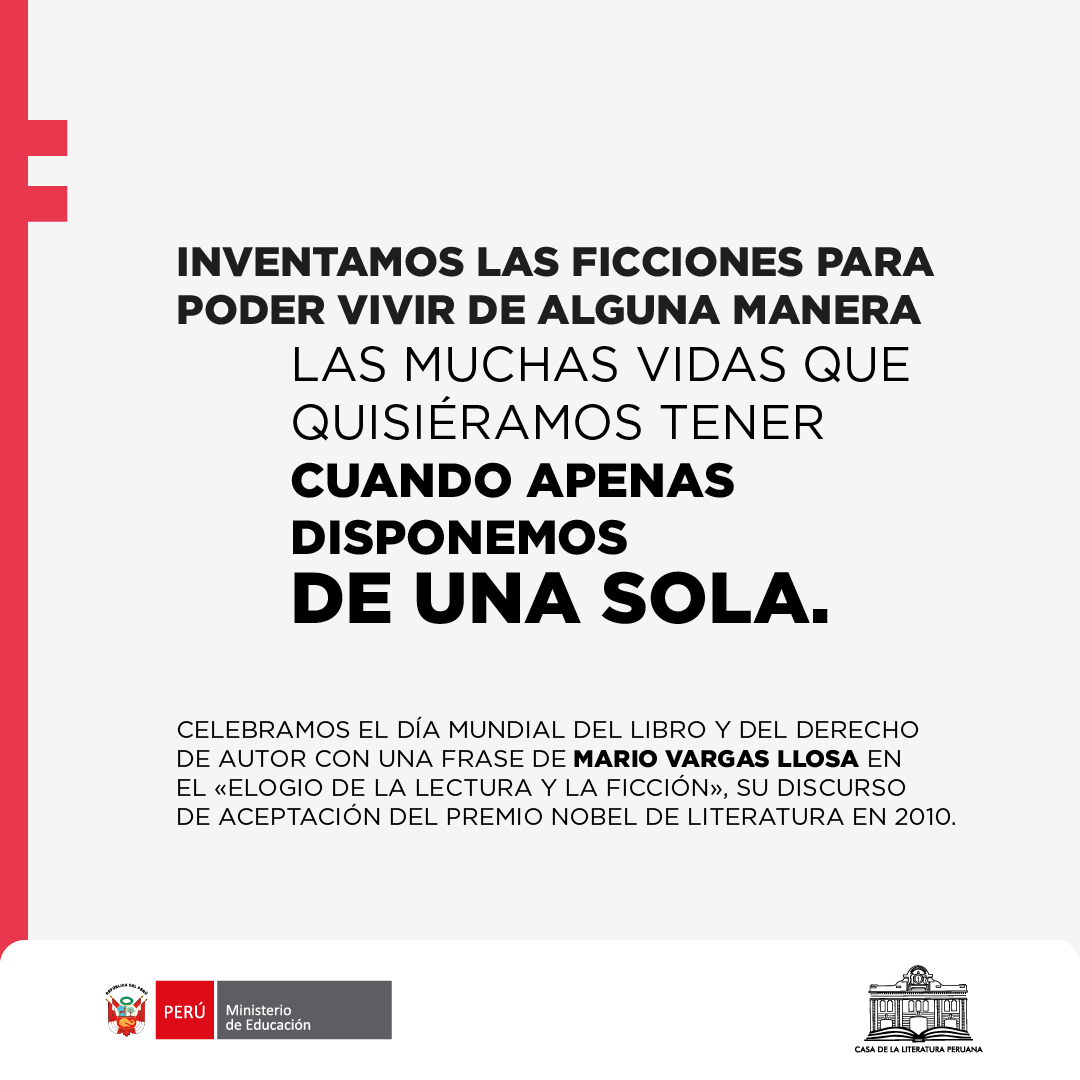 casaliteratura's tweet photo. 📚✨ En el Día Mundial del Libro y del Derecho de Autor, compartimos una frase de Mario Vargas Llosa tomada de «Elogio de la lectura y la ficción», su discurso de aceptación del Premio Nobel de Literatura 2010. ✍️ https://t.co/ucaQ7x7Uci