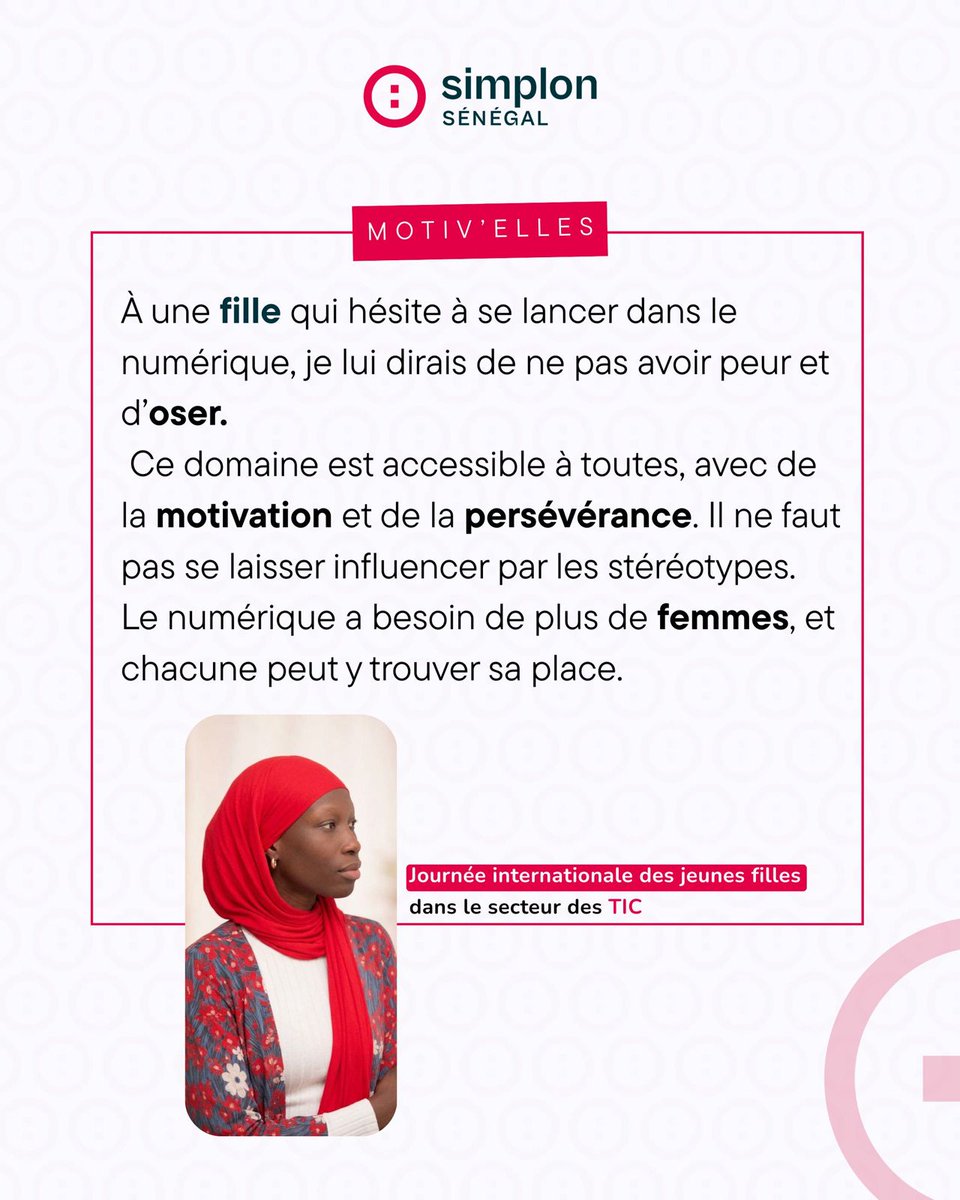 SenegalSimplon's tweet photo. À l’occasion de la #Journée_internationale_des_jeunes_filles_dans_les_TIC, Motiv’elle met en avant le parcours de #Mame_Saye_LOM apprenante #P9 en développement web mobile & intelligence artificielle.

Son choix d’orientation s’inscrit dans une logique claire : intégrer un secteur structuré par la résolution de problématiques, la conception de solutions digitales et l’innovation continue.

Son témoignage met en évidence une réalité opérationnelle du numérique :
les compétences se construisent dans l’action, à travers l’apprentissage, l’expérimentation et l’itération.

Un positionnement assumé, qui traduit une volonté de s’inscrire durablement dans les métiers des TIC.

#MotivElle #FemmesDansLaTech #Numérique #SimplonSenegal
