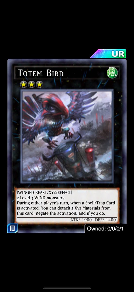 Finally got totem bird I really think this card going be in meta like in punk deck. Finally got totem bird I really think this card going be in meta like in punk deck.