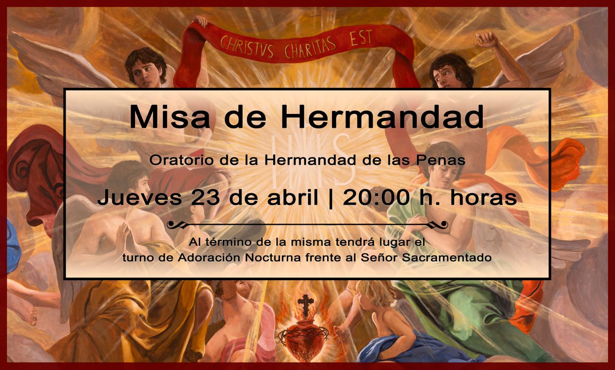 | AGENDA | 🗓 
Recordamos que esta tarde celebraremos la misa mensual de Hermandad a las 20.00 horas en el Oratorio.

Al término de la misma, tendremos nuestro tradicional turno de Adoración Nocturna.

#LasPenas #CofradíasMLG