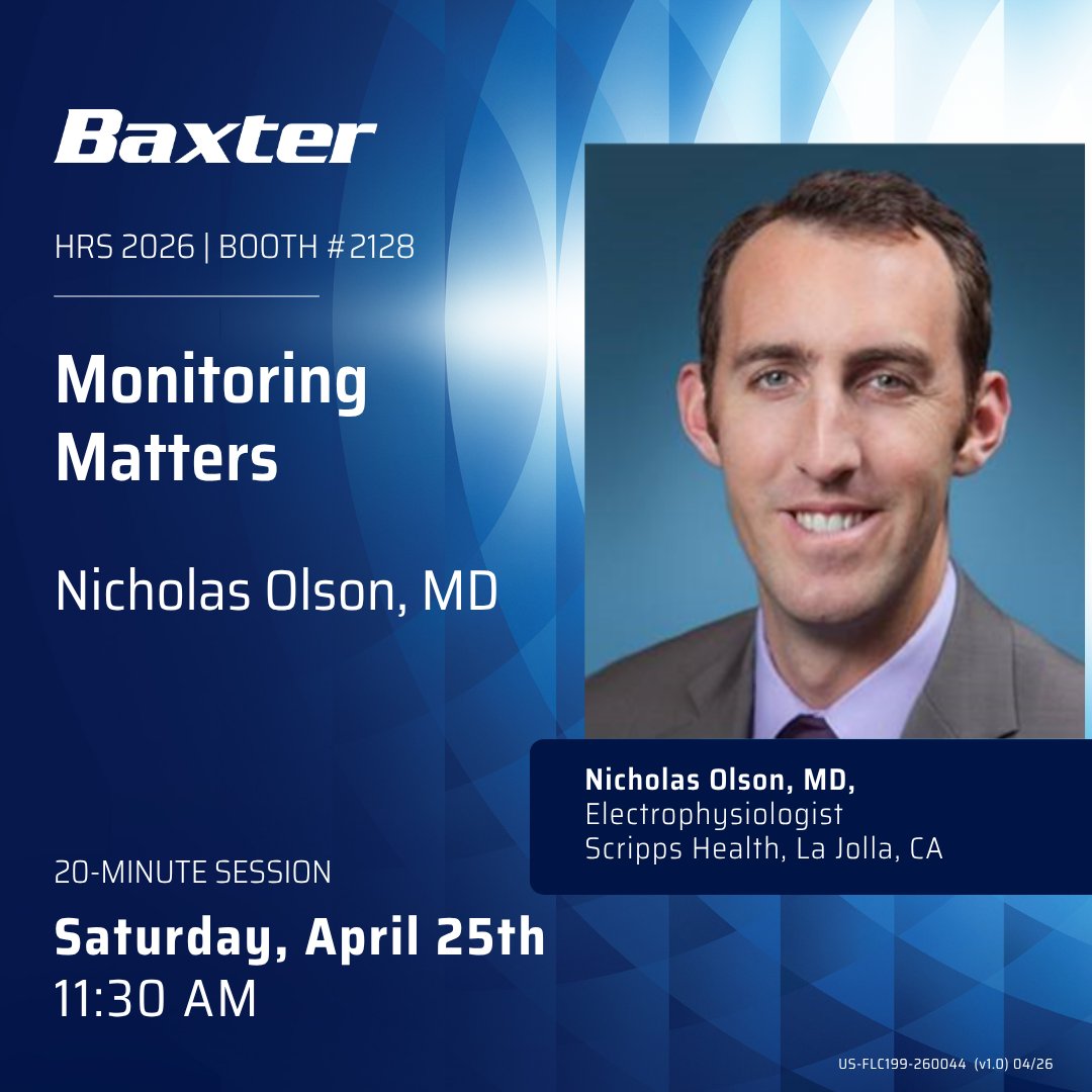 baxter_intl's tweet photo. See you at #HRS26 👋

Stop by Baxter Booth #2128 for our in‑booth sessions featuring electrophysiologists discussing why monitoring matters and sharing insights on clinical accuracy, treatment decisions, operational impact, and real-world clinical cases. 

Friday sessions: https://t.co/5jg1EjPvxv

Saturday session: https://t.co/tc58jHskvx  

#epeeps #heartmonitor #ECG #ClinicalWorkflow