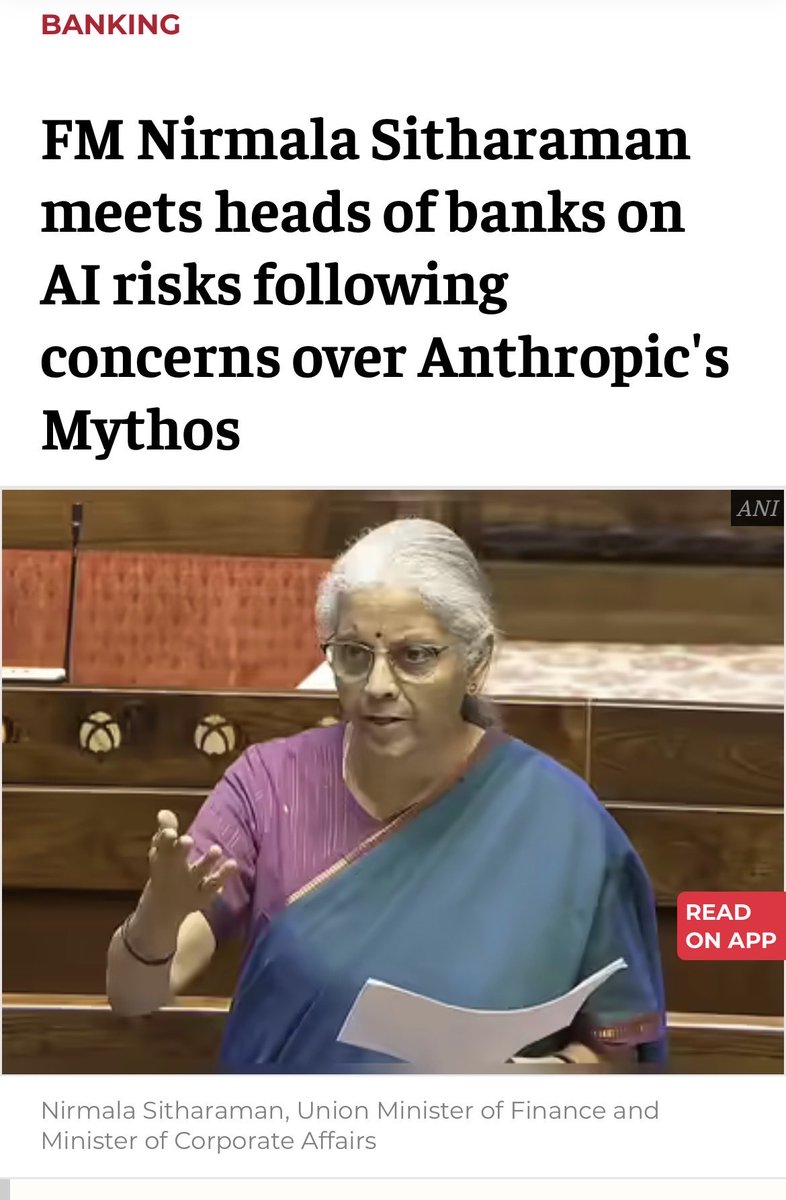 akhilpachori's tweet image. FM Nirmala Sitharaman meets heads of banks on AI risks following concerns over Anthropic's #Mythos 

 economictimes.indiatimes.com/industry/banki…