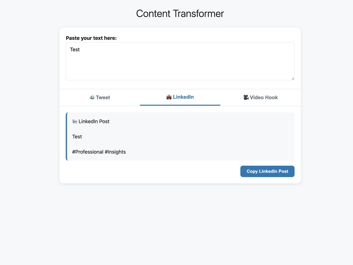JaninNehemiah's tweet photo. Tried Hy3 preview on a one-file content tool that turns pasted text into a tweet, a LinkedIn post, and a short video hook with tabs, copy buttons, and a clean UI. Strong result for a practical #GenAI workflow. https://t.co/HcZV6yG0v6 Free for 2 weeks #DevTools @TencentHunyuan https://t.co/esT1TU8vlh
