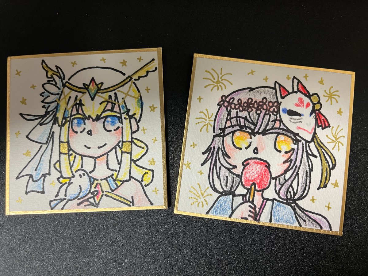 #メルぱらRe4 #メルぱらRe4頒布物 #かみつば文芸部
かみつば文芸部スペで色紙を出します～ 

500円(予定価格)
豆色紙76mm×76mm/色鉛筆 

幼少アインレーラ/幼少レルハルニー/レネ/アミャダ/アナザーサリハーティ/やちよ
あと2枚増えるかも、増やせたらいいな……