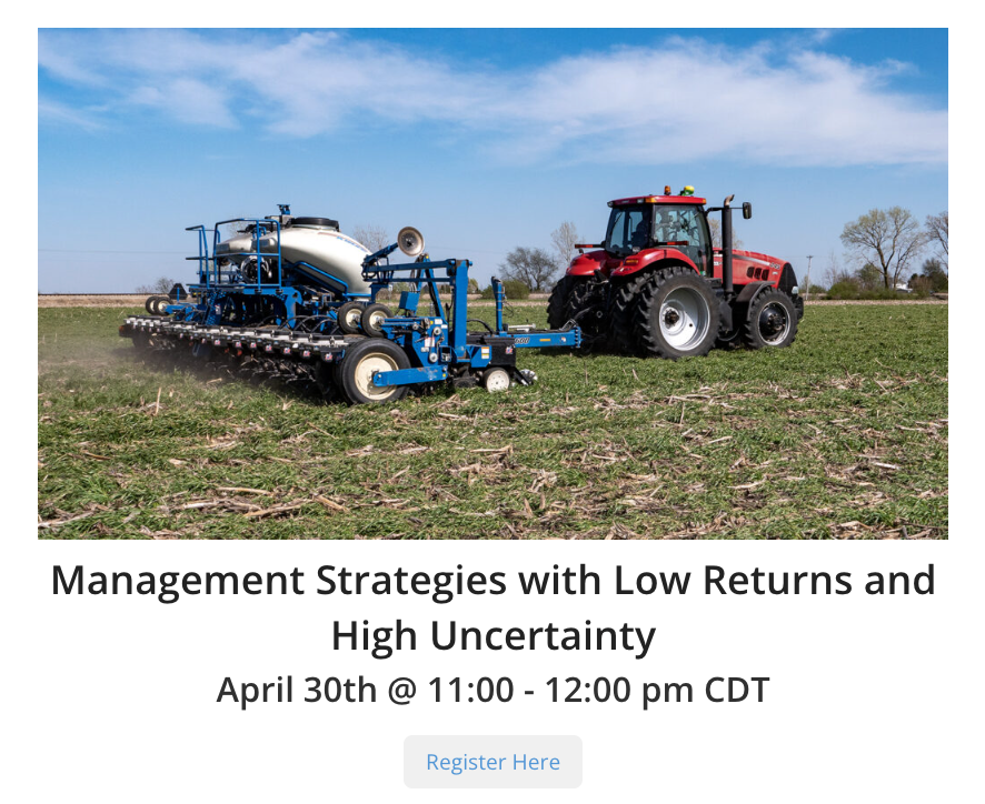 farmdocDaily's tweet image. 1/ A new #webinar from @farmdocDaily on April 30 will discuss management strategies that should be considered during periods of low #returns and high uncertainty.

Register here: tinyurl.com/32kaxfuj