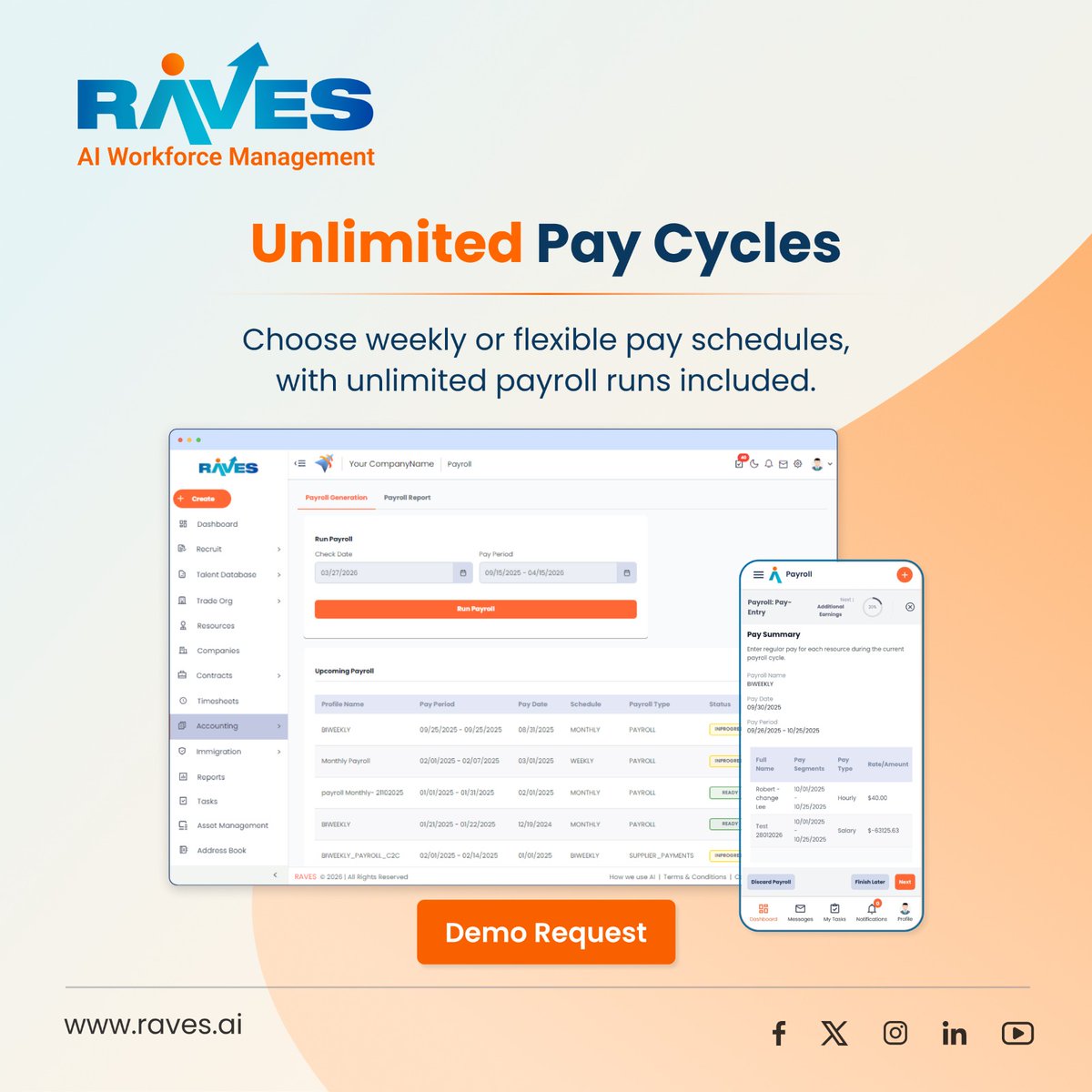 168277RAVES's tweet image. RAVES AI Workforce Management 🚀 Unlimited Pay Cycles 💼 Run weekly or flexible payroll with no limits. Simplify payroll, get real-time insights, and manage your workforce in one platform. 
Demo 👉 raves.ai 
#RAVES #Payroll #HRTech #Automation