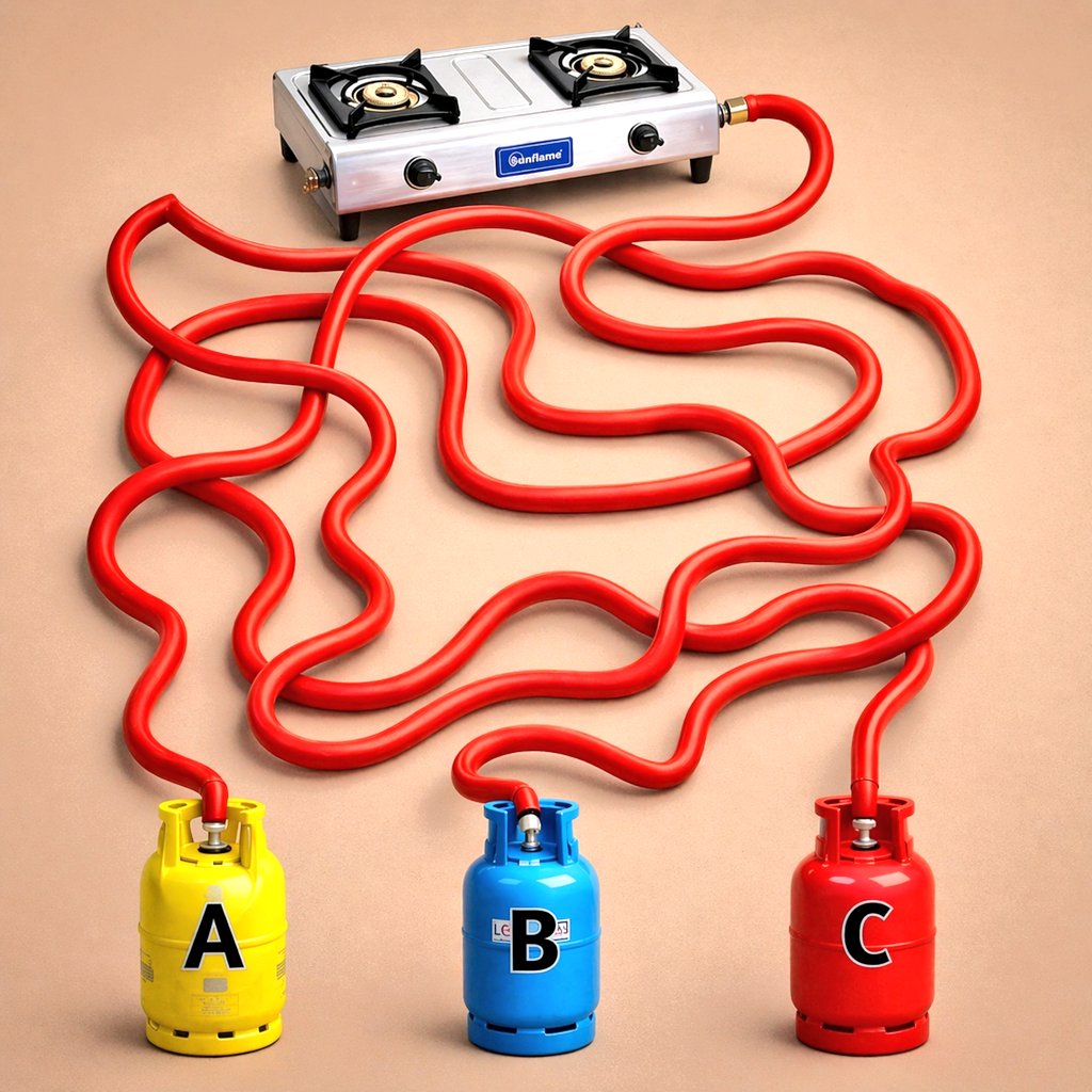 BrainBoosterX's tweet photo. Which gas cylinder (A, B, or C) is actually connected to the stove ?? 🤔 https://t.co/0EX7HW76Ni