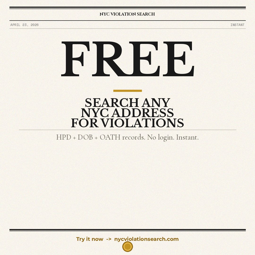 NYCViolation's tweet image. Search any NYC address for HPD + DOB violations free. No login. Instant. nycviolationsearch.com #NYCLandlord #HPDViolation #FreeTool