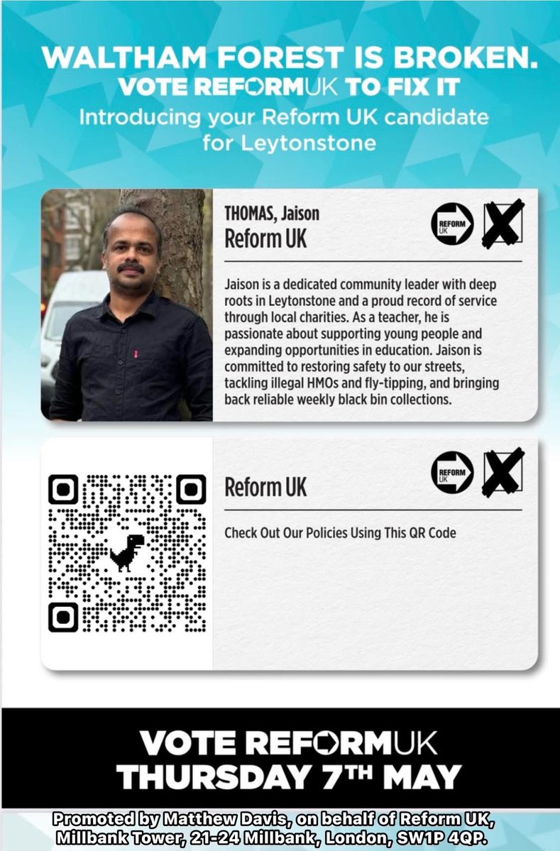 WFReform's tweet image. Introducing your Reform UK candidate for Leytonstone Ward.

Waltham Forest is broken, vote Reform UK on Thursday 7th May to fix it.

@policylaila @ReformUKLondon @thomas_jai58066 @reformparty_uk