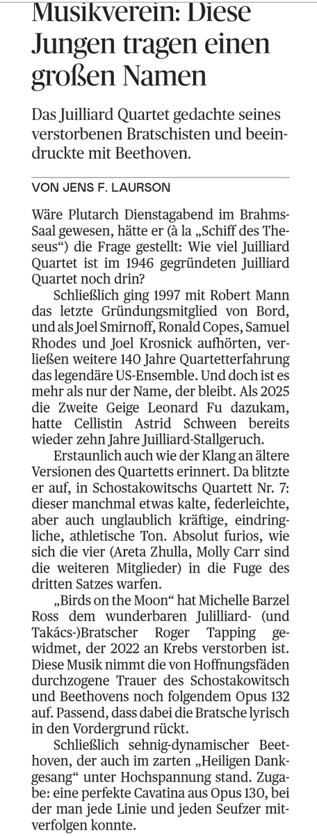 ClassicalCritic's tweet photo. In today's @DiePressecom - about the JuilliardQuartet - with loving remembrance of the great, kind, dear #RogerTapping. (Ex-Juilliard, Ex-Takács Quartets)
"Das Juilliard Quartet im Musikverein: Diese Jungen tragen einen großen Namen" https://t.co/mdv5GWXldh