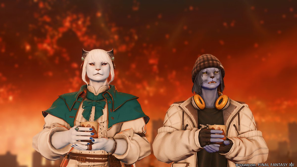 燃える背景とCWLSメンバーのレヴィとSS
飲んどる場合かァーッ！！！！！！！

#メスガル　#FF14SS　#ロスガル