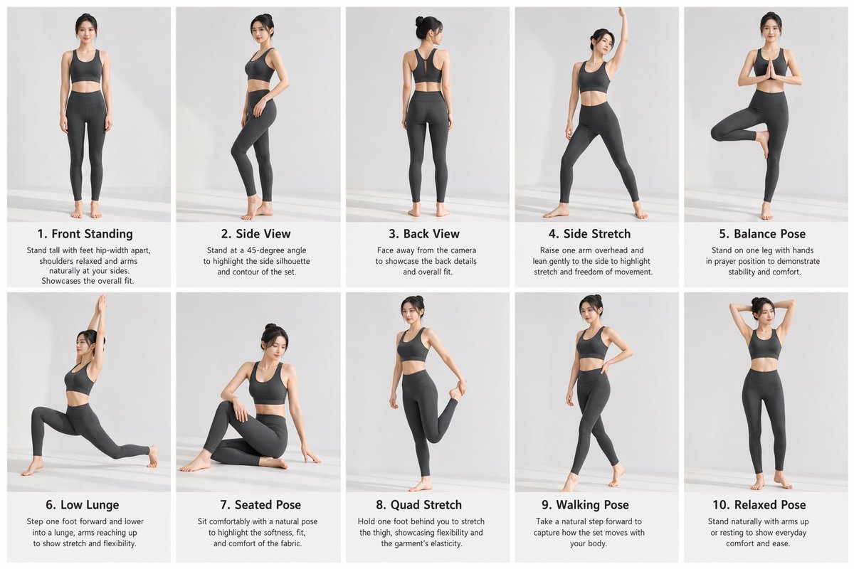 bill2bond's tweet photo. Prompt (ChatGPT - Image 2):

Professional sports apparel product photography pose guide, East Asian female model, dark gray/black yoga set (sports bra + high-waisted leggings), clean studio background, soft natural light. Collage layout: 2 rows × 5 columns, each pose with english description.