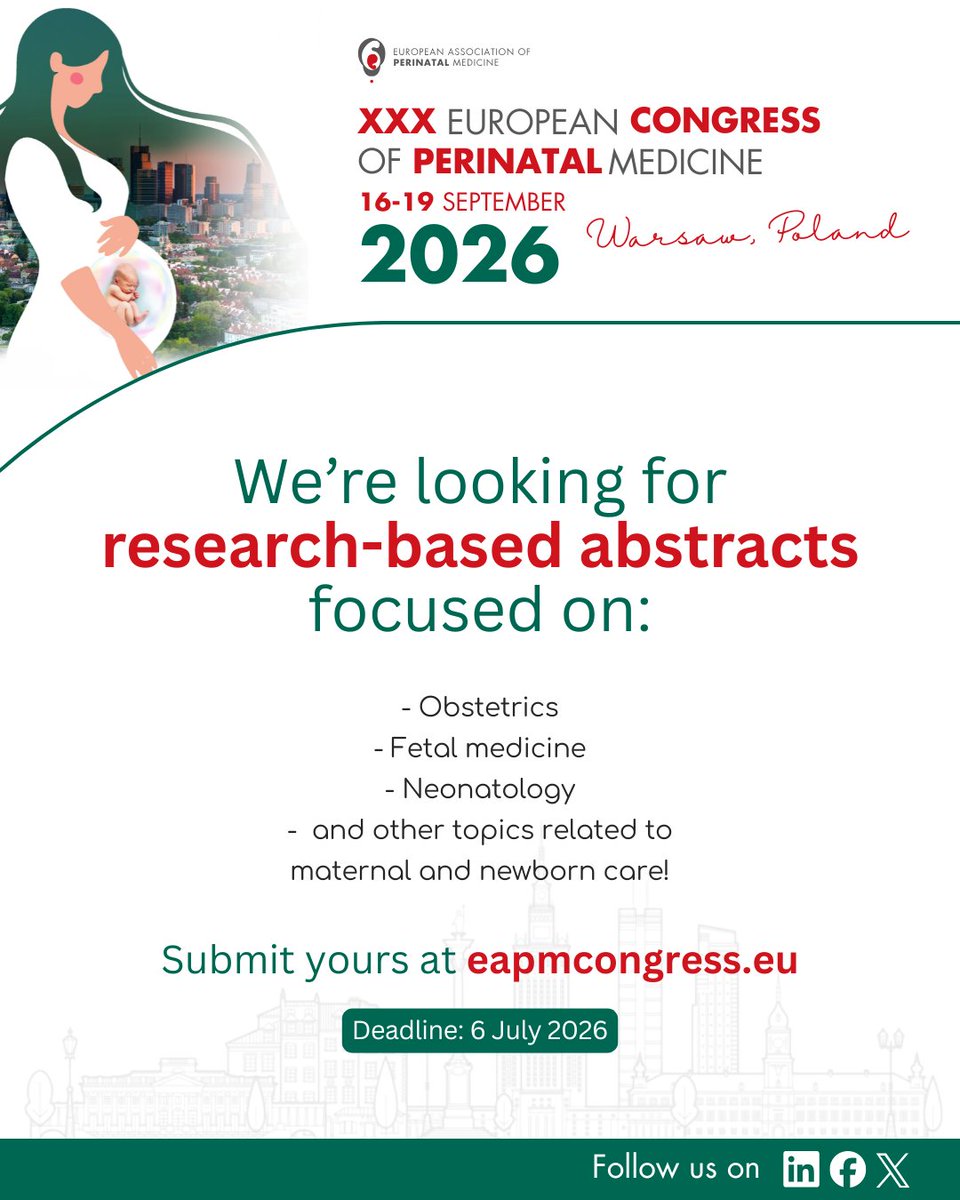 EUperinatal's tweet photo. From fetal therapy and labour management to infection, prematurity, genetics, and emerging tools such as AI, abstract submissions are encouraged from across the full spectrum of the field.

Submit your abstract here✍: https://t.co/CkBpXv5opn

#Perinatalcare #perinatology https://t.co/OBloIMzmE5