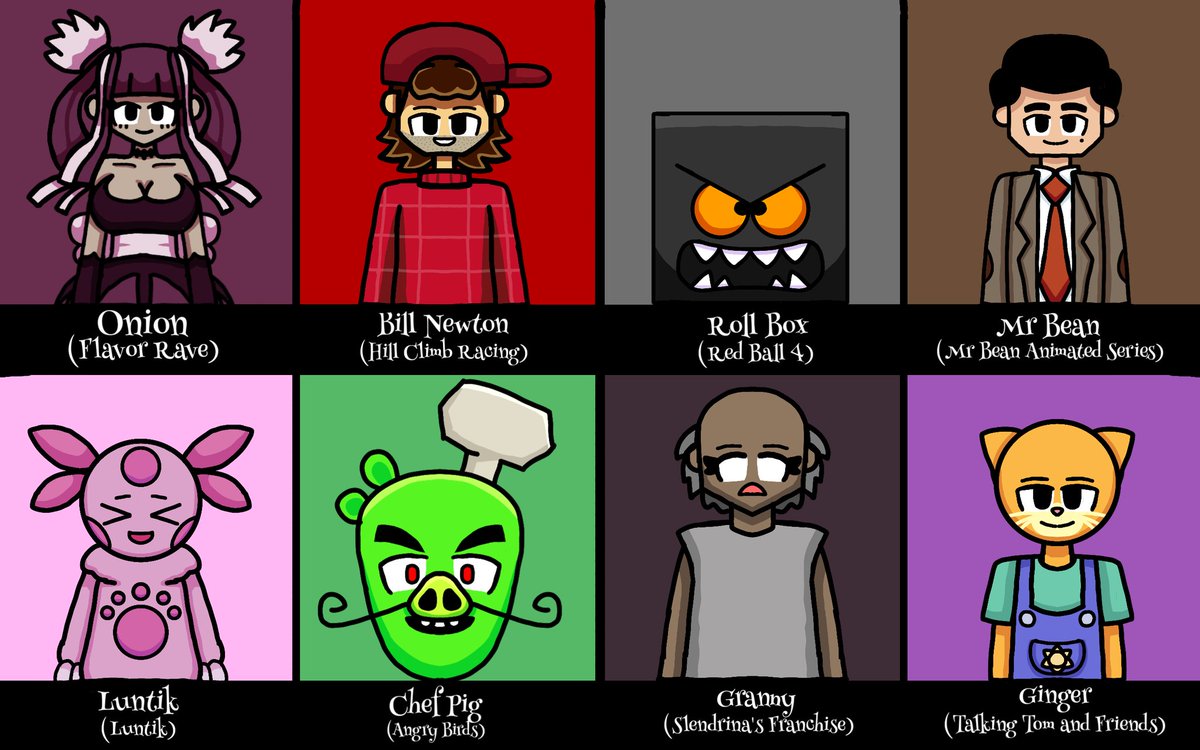 pennymccool22's tweet photo. My Favorite 8 Characters #flavorrave #hillclimbracing #redball4 #mrbean #moonzy #luntik #fnf #angrybirds #AngryBirdsFART #granny #grannyhorrorgame #talkingtom #slendrina #fanart https://t.co/15nFtJEb7e
