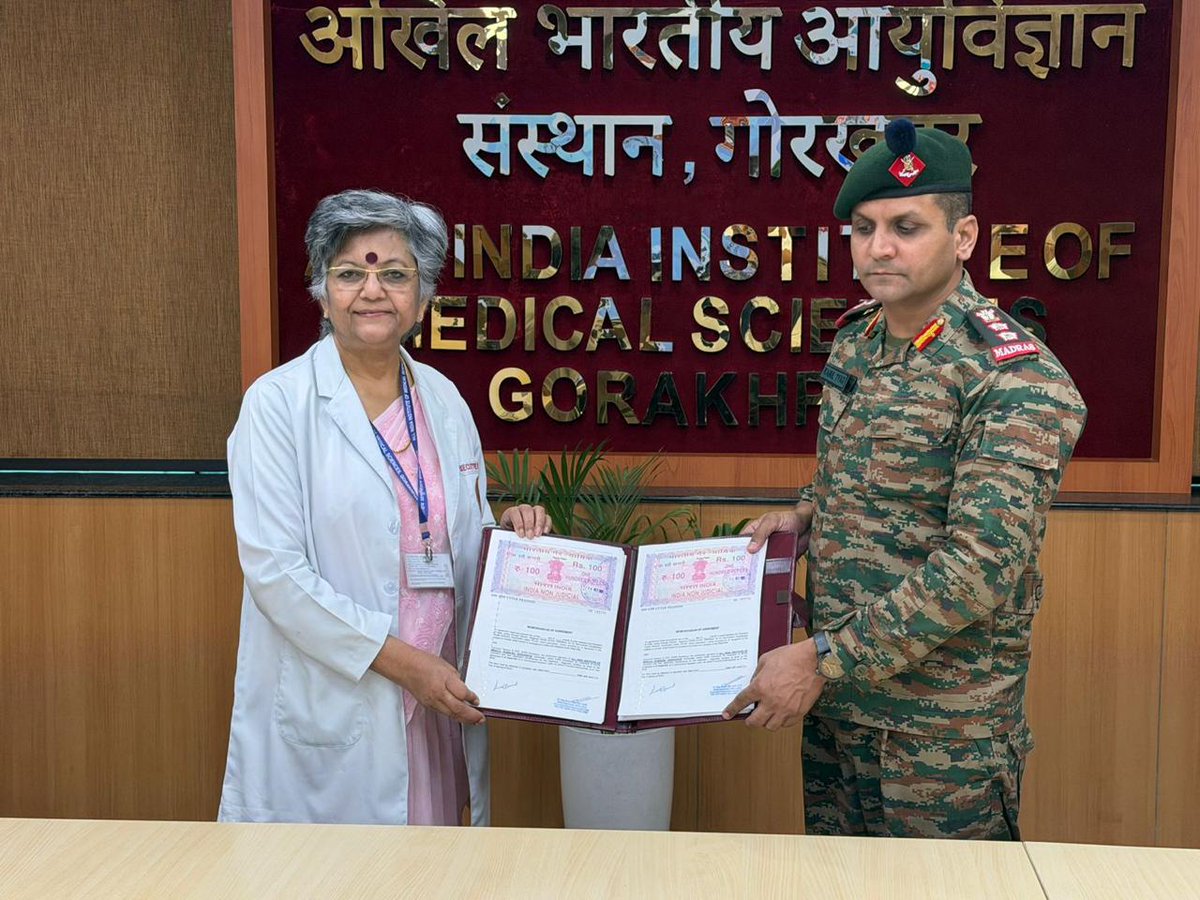 aiims_gkp's tweet photo. A new MoU was signed between ECHS & AIIMS Gorakhpur to ensure continuity of services. Maj Gen (Dr) Vibha Dutta, SM, Executive Director & CEO, and Regional Director Col Kabul Tyagi signed the MoU. Col Tyagi & OIC Lt Col Devender Tiwari also visited the OPD ECHS counter. Key issues on care & claim settlement were discussed.  @JPNadda @myogiadityanath @MoHFW_INDIA @ravikishann @CMOfficeUP @DrHeman26245445 @mpprataprao @AnupriyaSPatel