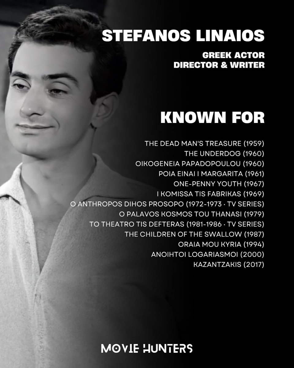 moviehunters01's tweet image. In memory of Stefanos Linaios (1928-2026)

Greek Actor, Director &amp;amp; Writer

Born: August 6, 1928 · Messini, Greece
Died: April 18, 2026 · Athens, Greece

#stefanoslinaios #greekactor #rip #inmemoryof #moviehunters01