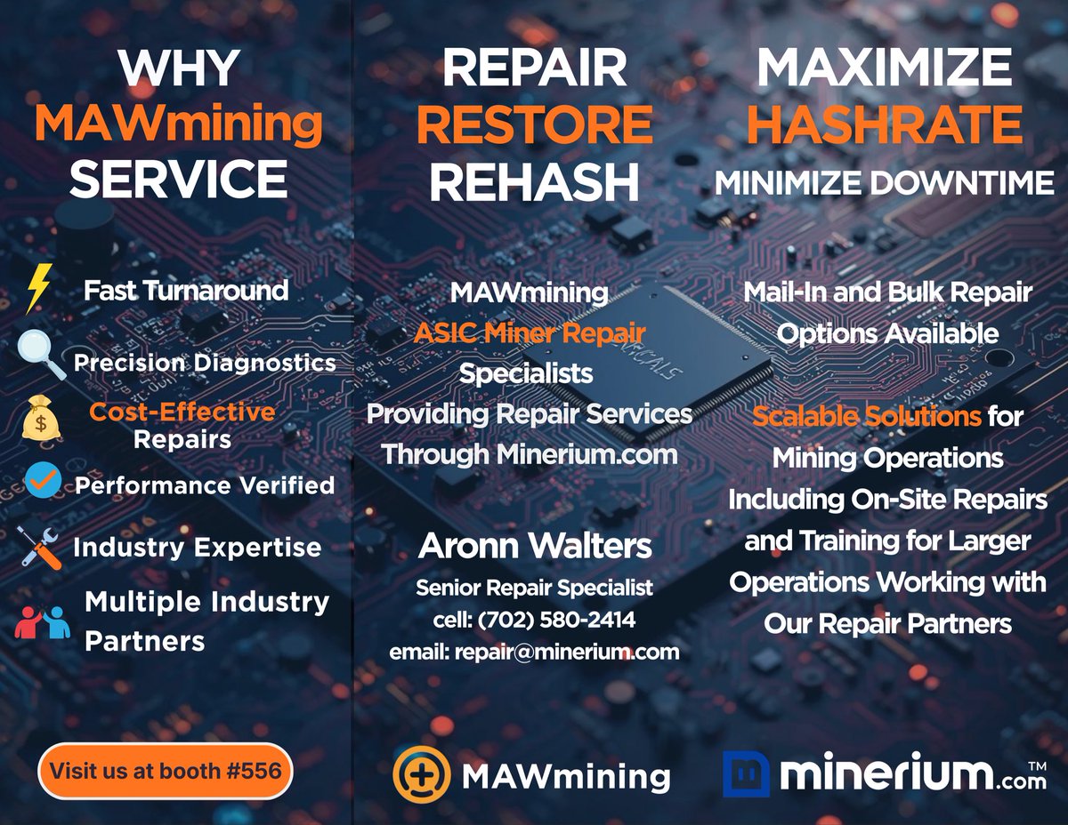 MineriumUS's tweet photo. April 27-29. The Venetian. Las Vegas.

Come visit our booth at Bitcoin Conference and meet Aronn, our Senior Repair Specialist. Talk with our experts about repairing miners, restoring performance, reducing downtime, and keeping your fleet hashing reliably.

#BitcoinConference #BitcoinMining #ASICRepair #Hashrate