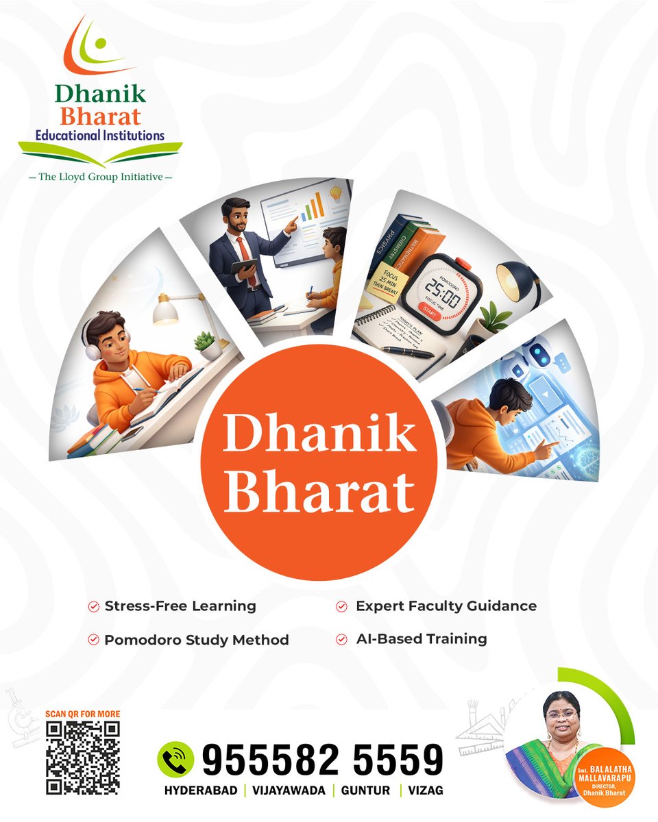 dhanikbharatjr's tweet image. Smart Learning &amp;gt; Hard Learning 💯

✔️ Expert Faculty  
✔️ Pomodoro  
✔️ AI Training  

#DhanikBharat #Education #Students