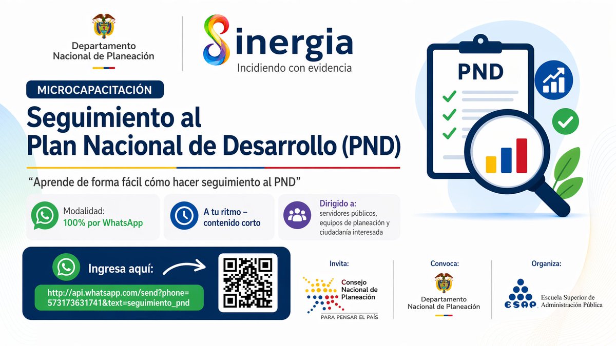 CNP_col's tweet photo. 📢 ¿Quieres aprender a hacer seguimiento al Plan Nacional de Desarrollo (PND)?

Desde el Consejo Nacional de Planeación te invitamos a una microcapacitación práctica, fácil y 100% por WhatsApp 📲
⏱️ A tu ritmo (menos de 1 hora)
👉 Ingresa aquí y empieza:
https://t.co/emPIWjS8sA https://t.co/yM6vGoVFrF