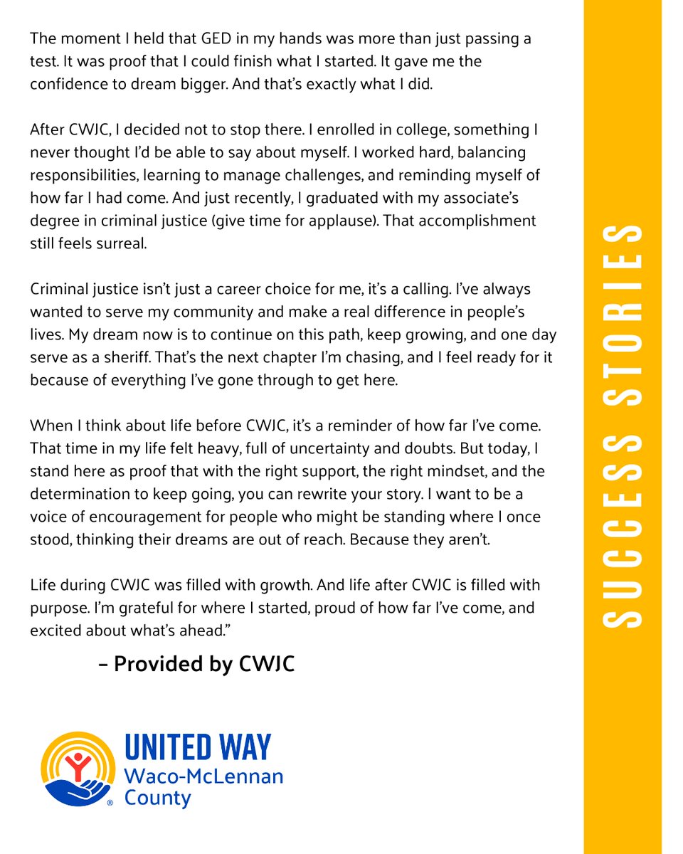 UWWMC's tweet photo. A helping hand can make all the difference.
CWJC shows what’s possible when support and opportunity come together. We’re proud to stand with them.
Check out the graphic for a success story! https://t.co/mHCEFkhZAy