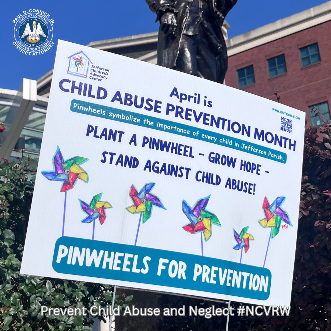 JeffParishDA's tweet photo. April is Child Abuse Prevention Month, and we recognize the event during National Crime Victims’ Rights Week by wearing blue clothing. The Jefferson Children’s Advocacy Center plants pinwheels during the month each year to focus on child abuse and neglect. https://t.co/Y2GZKuhGJF