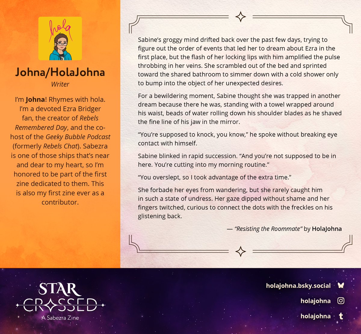 crossed82009's tweet image. Meet #starcrossed #sabezra #fanzine writer Johna! #ezrabridger #sabinewren
@thegeekybubble Check out her awesome podcast as well!