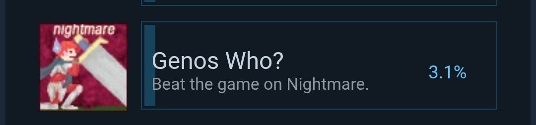 SSShakuras's tweet photo. @makhaccino @Lexes_Lee Steam global achievement  "nightmare clear" sit at 3.1 % ... but as i believe this achievement is obtainable in ng+, the real number is most likely much much lower. https://t.co/azVSdZfrhM