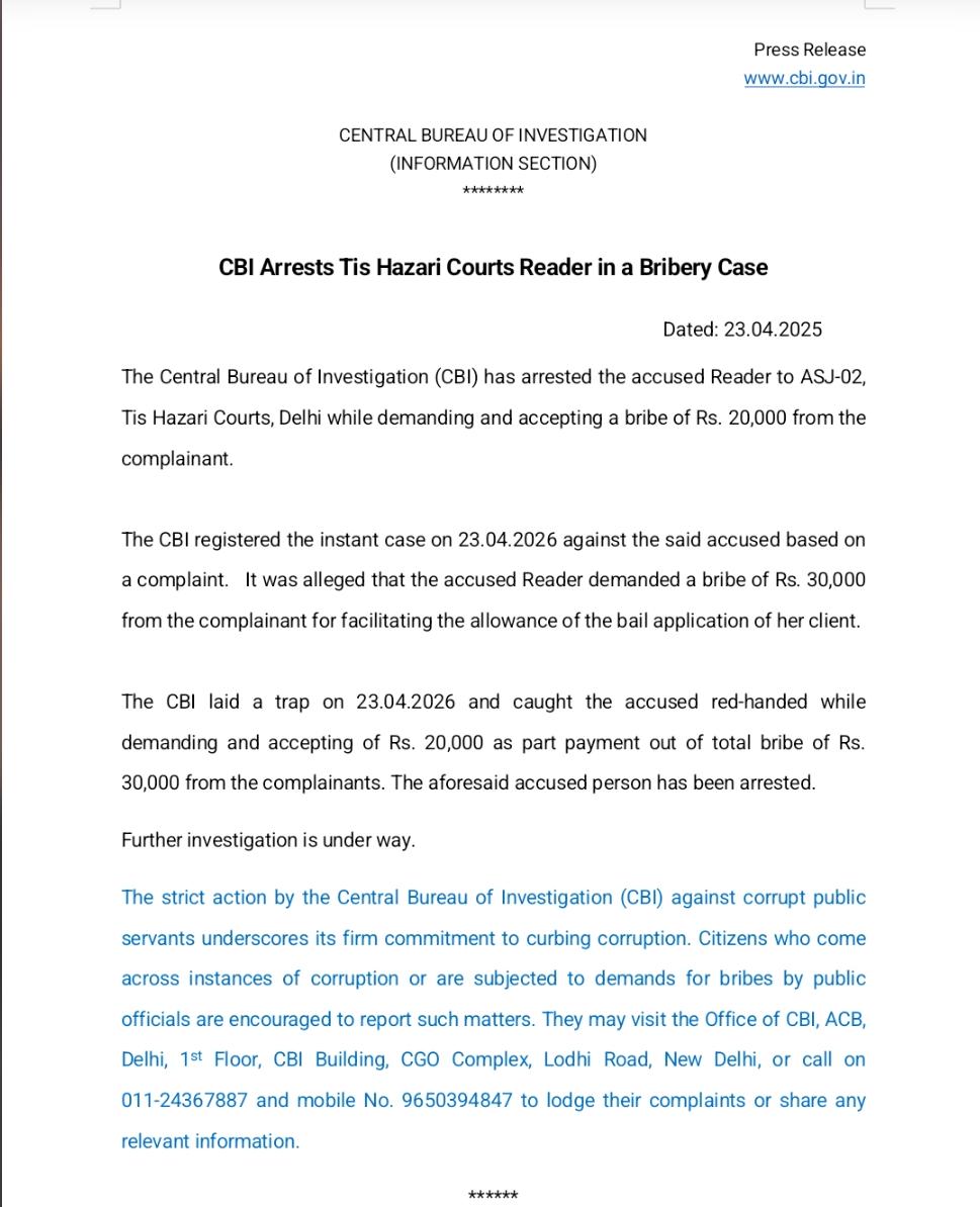 LiveLawIndia's tweet photo. CBI Arrests Tis Hazari Courts Reader in a Bribery Case.

He is accused of demanding a bribe of Rs 30,000 for facilitating the grant of bail. https://t.co/pmwgjD8d5l