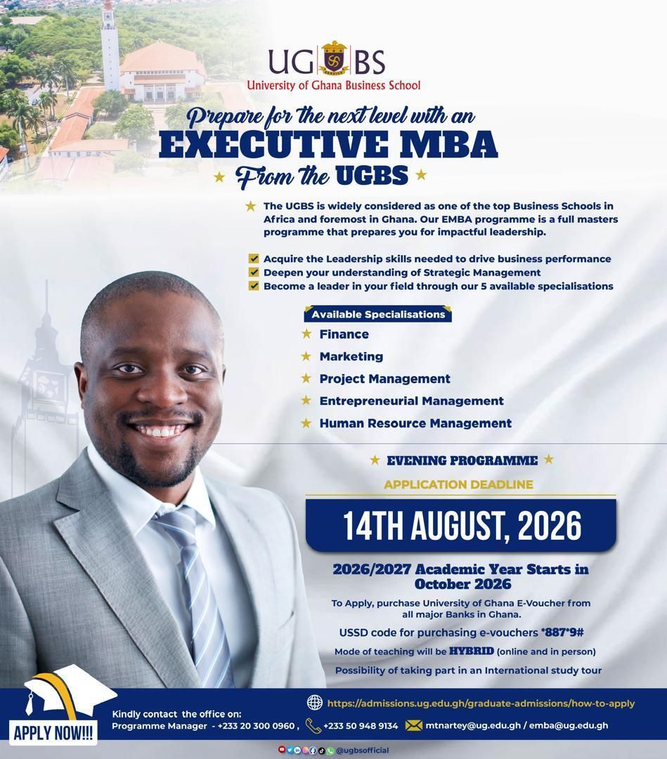 ugbsofficial's tweet photo. Our Weekend MBA, Executive MBA, and Weekend One-Year Programmes are open!
📅 Application Deadline: 14th August 2026
Don’t wait, your next big move starts here.
👉 Apply now: https://t.co/RBQ7o3KOmt
#UGBS #WeekendMBA #ExecutiveMBA #GraduateStudies #CareerGrowth #StudyInGhana https://t.co/SILT1e7asH