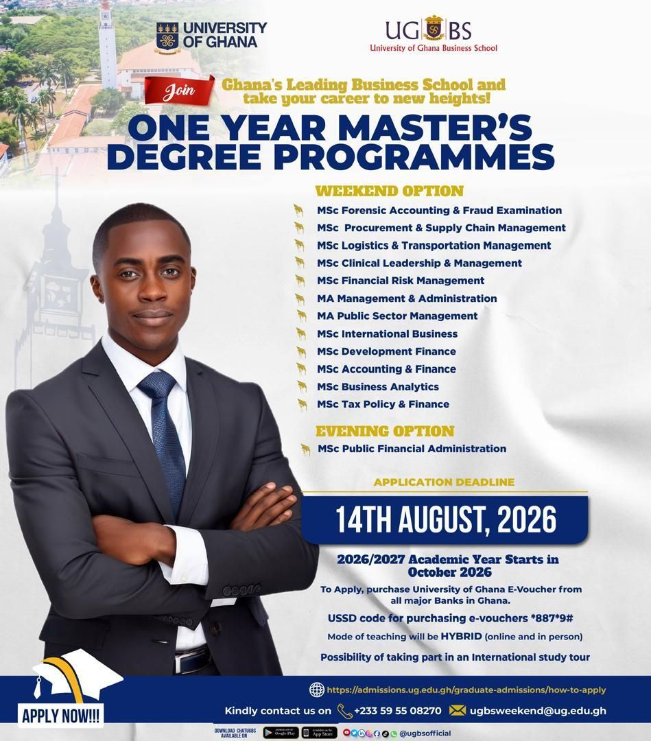 ugbsofficial's tweet photo. Our Weekend MBA, Executive MBA, and Weekend One-Year Programmes are open!
📅 Application Deadline: 14th August 2026
Don’t wait, your next big move starts here.
👉 Apply now: https://t.co/RBQ7o3KOmt
#UGBS #WeekendMBA #ExecutiveMBA #GraduateStudies #CareerGrowth #StudyInGhana https://t.co/SILT1e7asH