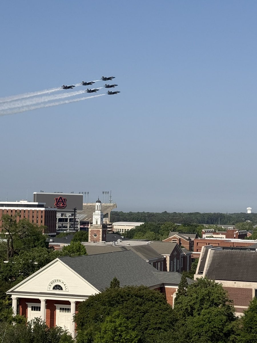 bigaub's tweet photo. What an AUsome way to kick off finals for the students at Auburn University - with a flyover from the Blue Angels, with one of the pilots being an Auburn graduate.  @spann https://t.co/0igUiKA06K