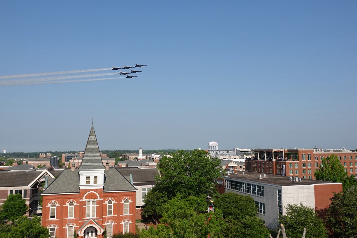 bigaub's tweet photo. What an AUsome way to kick off finals for the students at Auburn University - with a flyover from the Blue Angels, with one of the pilots being an Auburn graduate.  @spann https://t.co/0igUiKA06K