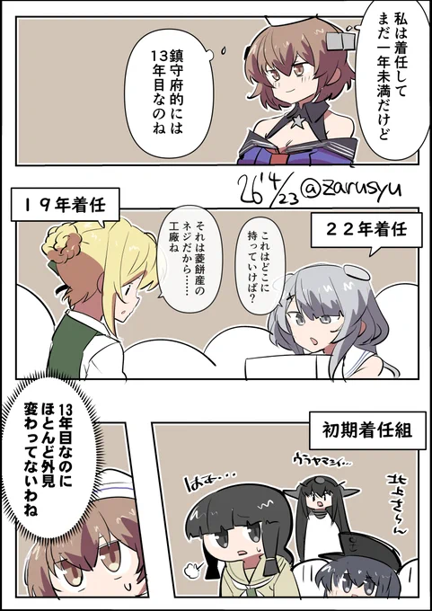 某磯野家の時空みたいな……と思ったものの、あちらはいつまでも黒電話だったりするので、どちらかといえば某頭脳は大人の探偵かな(いつのまにか携帯電話がスマホになっていたり

パース、リアリー、伊201
#艦これ版深夜の真剣お絵描き60分一本勝負 
#艦これ版真剣お絵描き60分一本勝負_20260423 
