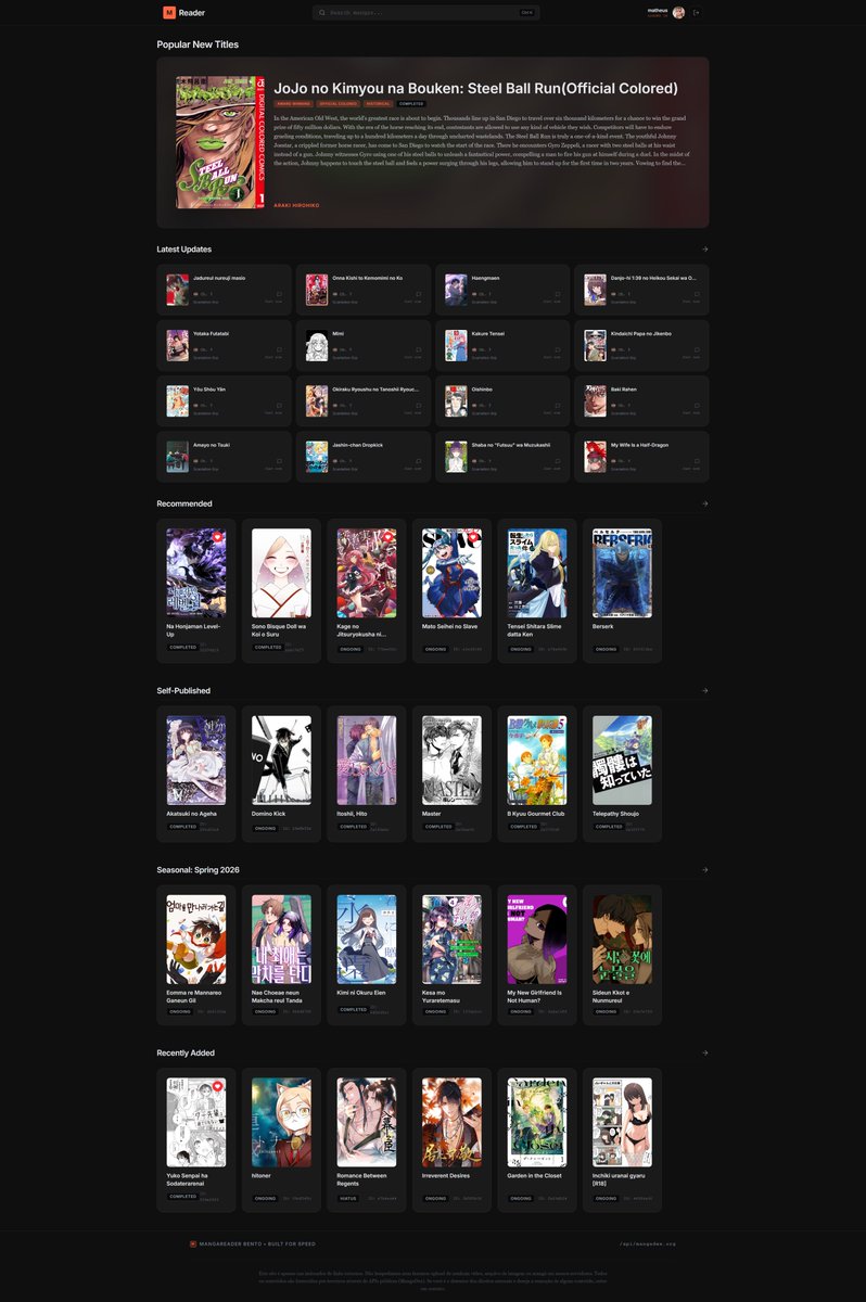 Sr_Matheus_A's tweet image. Cansado de leitores de manga lentos e cheios de anúncios, decidi buildar o meu próprio. 

Foco total em performance e uma UI limpa (Dark Mode sempre).

#buildinpublic #reactjs #webdevelopment #manga