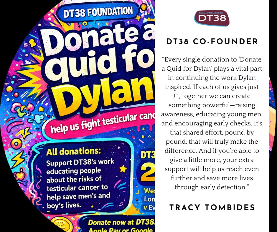 Dylantombides's tweet image. Please read why Donate a Quid for Dylan is SO important. #TesticularCancer

dt38.org/news/donate-a-…

Donate a Quid for Dylan: dt38.org/dt38-awareness…

DT38 Awareness Day at @WestHam 25.04.2026 ⚒️

#WeAreDT38 #Charity #RaisingAwareness #SelfChecking