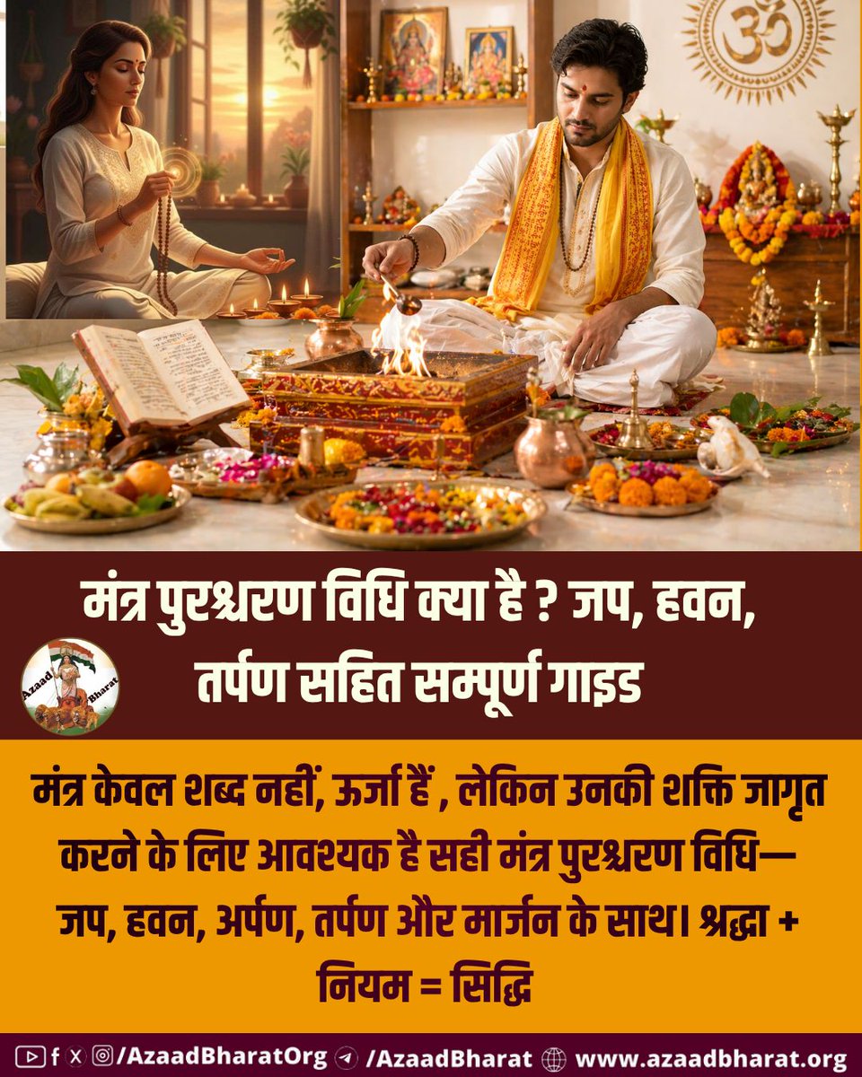 AzaadBharatOrg's tweet image. बिना विधि के मंत्र निष्क्रिय रह सकता है, लेकिन मंत्र पुरश्चरण विधि से वही मंत्र बन जाता है जीवन बदलने वाली शक्ति, सही जप, सही नियम और अटूट विश्वास ही सफलता की कुंजी है.
 #SpiritualGrowth #MantraPower azaadbharat.org/?p=14372
