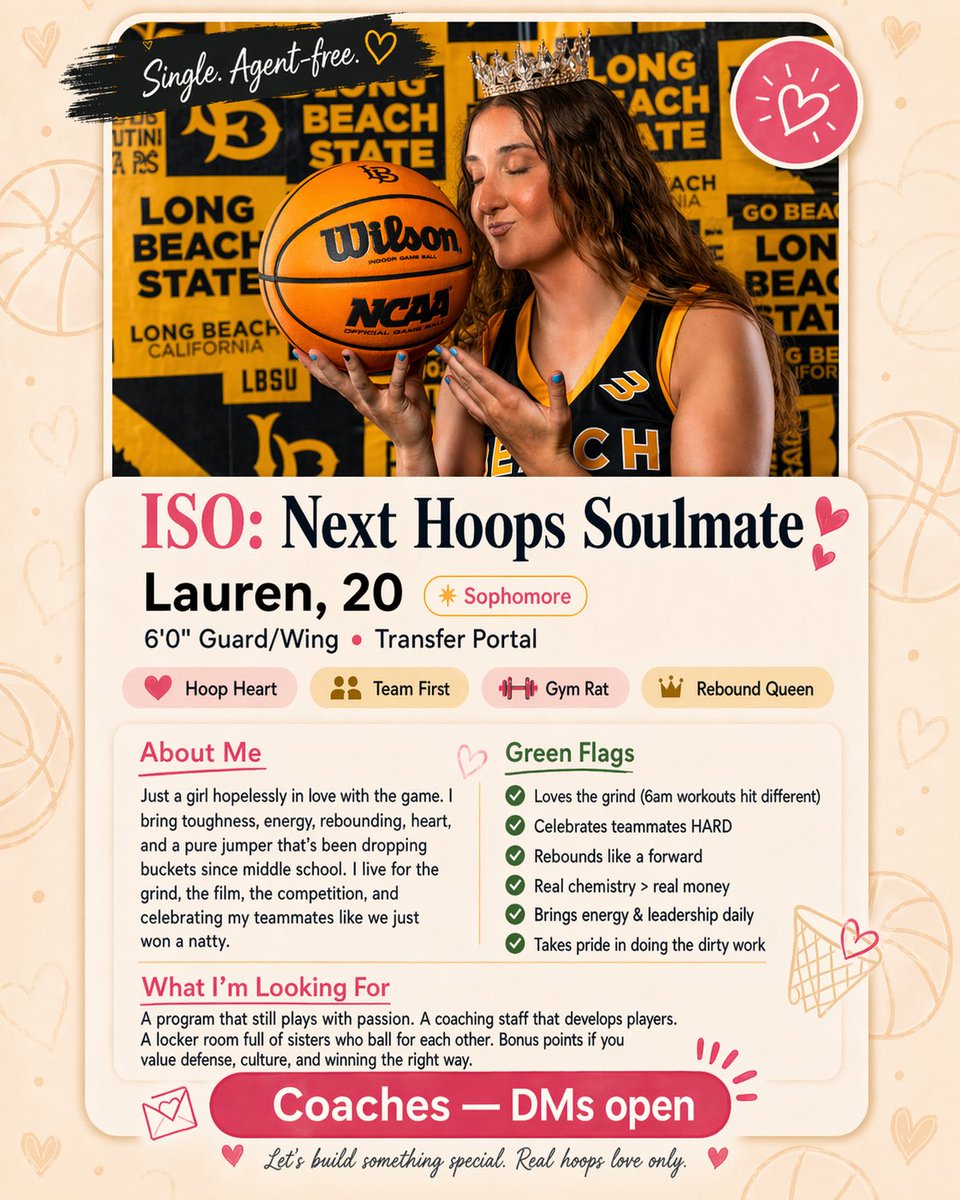 1LaurenCummings's tweet photo. Single. In the portal. No middleman. 🏀❤
Not chasing bags, just chasing a program that loves the game like I do.
Bringing heart, hustle, rebounds, and a nasty jumper.
Real chemistry > money.
Coaches, DMs open.
Who’s got the right fit?
Drop your school 👇
#WBBTransfer #HoopHeart